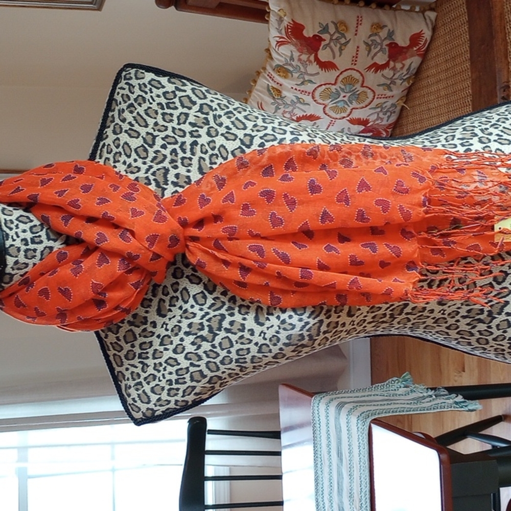Copper Key Gauze 🧡 Heart Print Scarf (24"x70") Color:Orange,Blue NWT